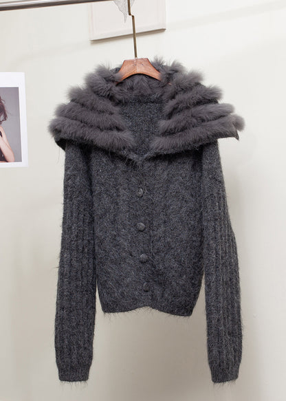 Dunkelgrauer Fuchskragen mit Knopfleiste, Patchwork-Design, kuscheliger Frühlingsstrickkragen im Matrosenstil