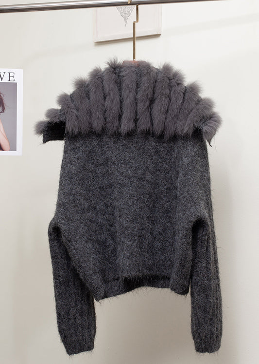 Dunkelgrauer Fuchskragen mit Knopfleiste, Patchwork-Design, kuscheliger Frühlingsstrickkragen im Matrosenstil