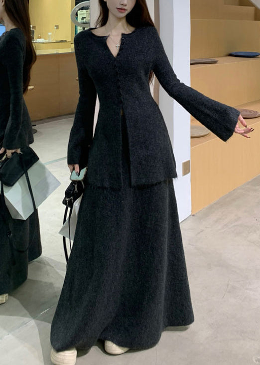 Dunkelgrauer, vorne offener Strickpullover und Rock, zweiteiliges Set mit Rundhalsausschnitt, Winter