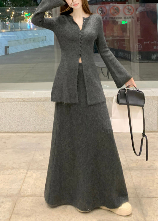 Dunkelgrauer, vorne offener Strickpullover und Rock, zweiteiliges Set mit Rundhalsausschnitt, Winter