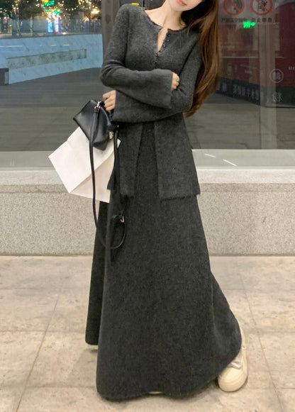 Dunkelgrauer, vorne offener Strickpullover und Rock, zweiteiliges Set mit Rundhalsausschnitt, Winter