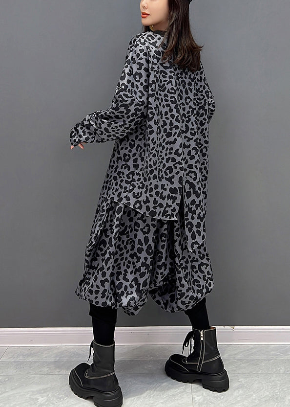 Dunkelgraues O-Ausschnitt-Oberteil mit asymmetrischem Print und Haremshose, zweiteiliges Set für den Herbst