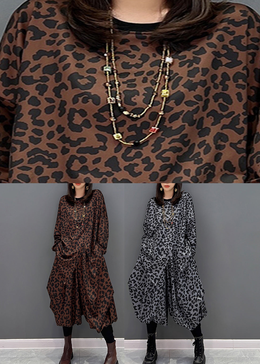 Dunkelgraues O-Ausschnitt-Oberteil mit asymmetrischem Print und Haremshose, zweiteiliges Set für den Herbst