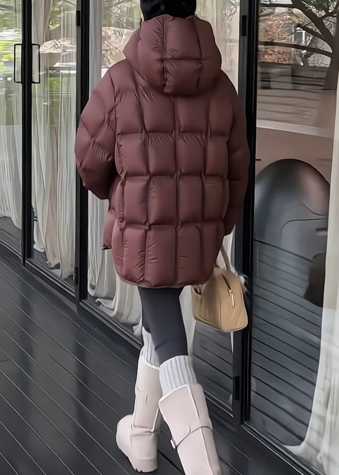 Abrigo acolchado de invierno con capucha y cordón de cuadros gris oscuro de plumón de pato liso