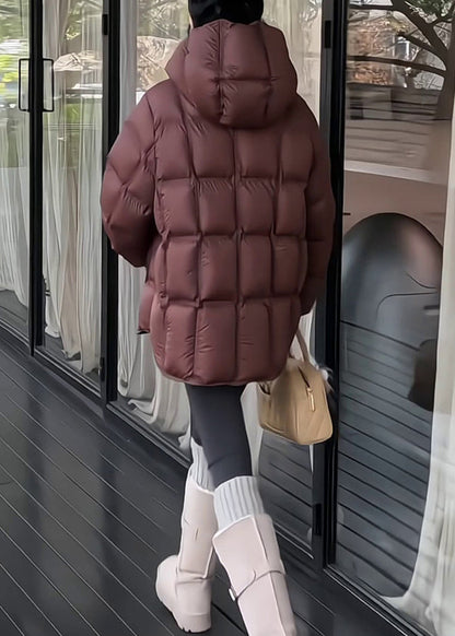 Abrigo acolchado de invierno con capucha y cordón de cuadros gris oscuro de plumón de pato liso