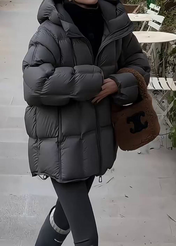 Abrigo acolchado de invierno con capucha y cordón de cuadros gris oscuro de plumón de pato liso