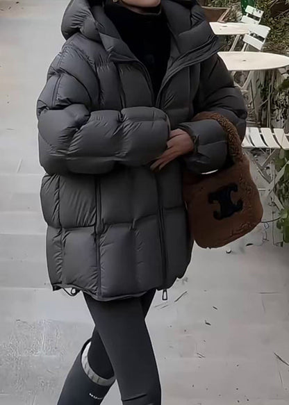 Abrigo acolchado de invierno con capucha y cordón de cuadros gris oscuro de plumón de pato liso