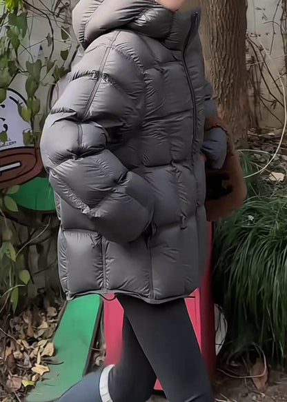 Abrigo acolchado de invierno con capucha y cordón de cuadros gris oscuro de plumón de pato liso