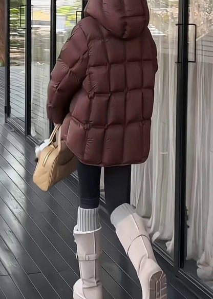 Abrigo acolchado de invierno con capucha y cordón de cuadros gris oscuro de plumón de pato liso