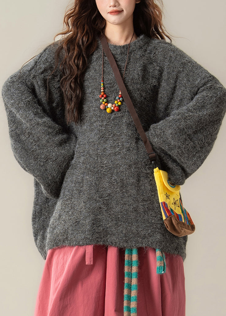 Dunkelgrauer, einfarbiger Strickpullover mit Rundhalsausschnitt