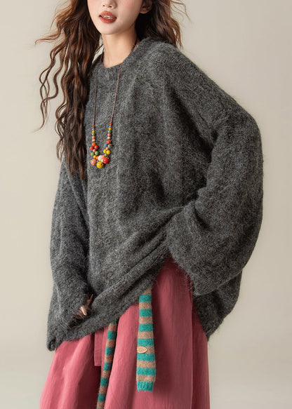 Dunkelgrauer, einfarbiger Strickpullover mit Rundhalsausschnitt