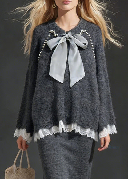 Dark Gray Sweater And Skirt Lace Patchwork Knit Two Piece Set Lace Up