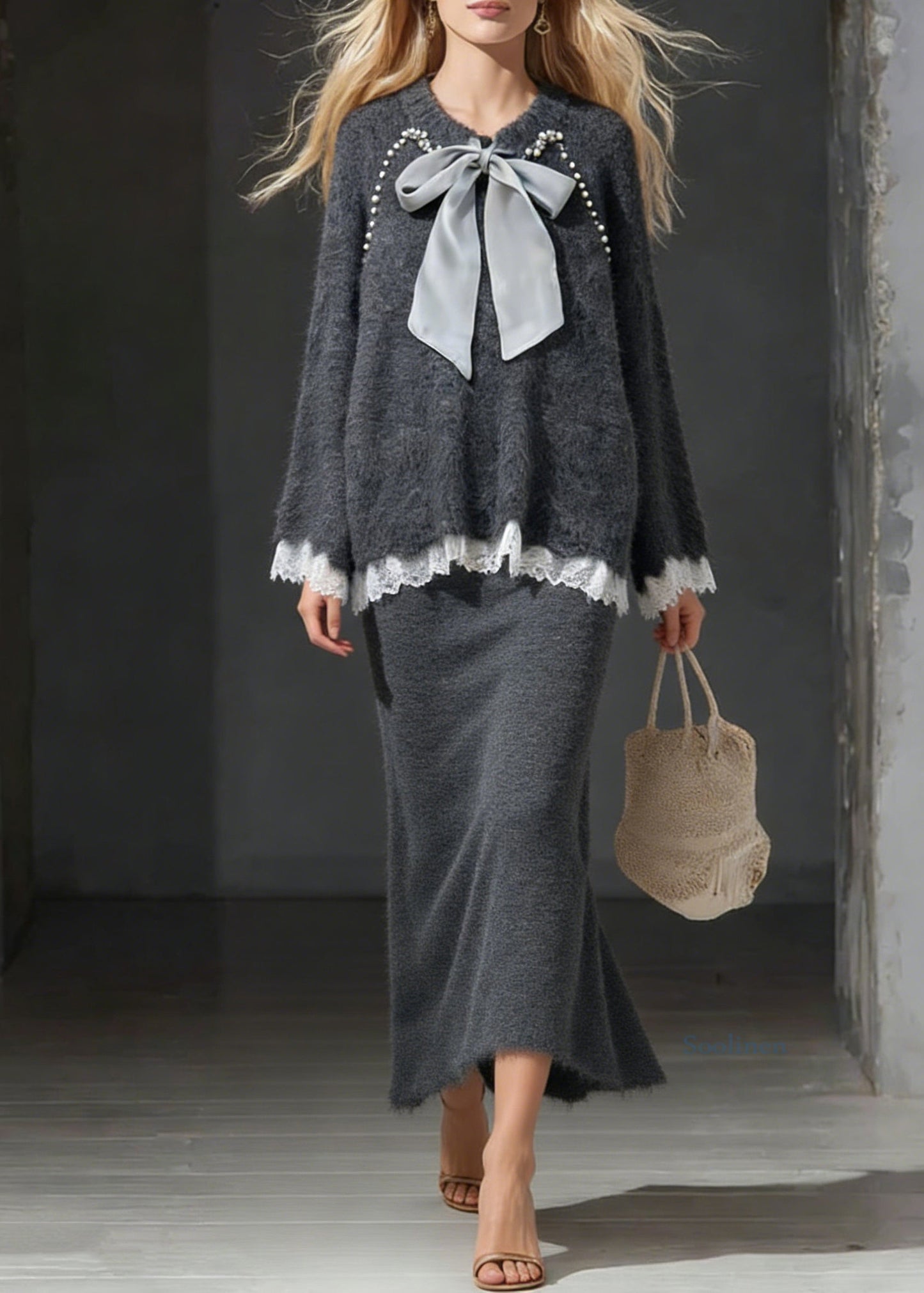 Dark Gray Sweater And Skirt Lace Patchwork Knit Two Piece Set Lace Up