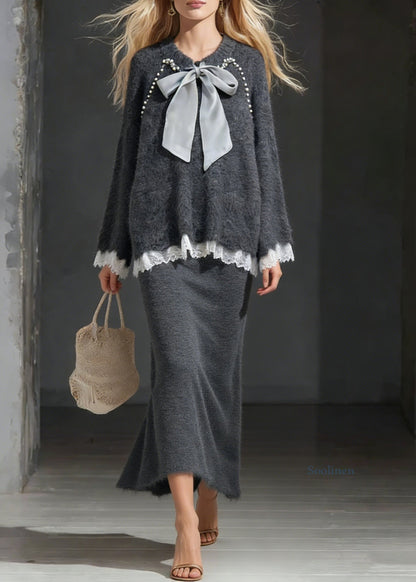 Dark Gray Sweater And Skirt Lace Patchwork Knit Two Piece Set Lace Up