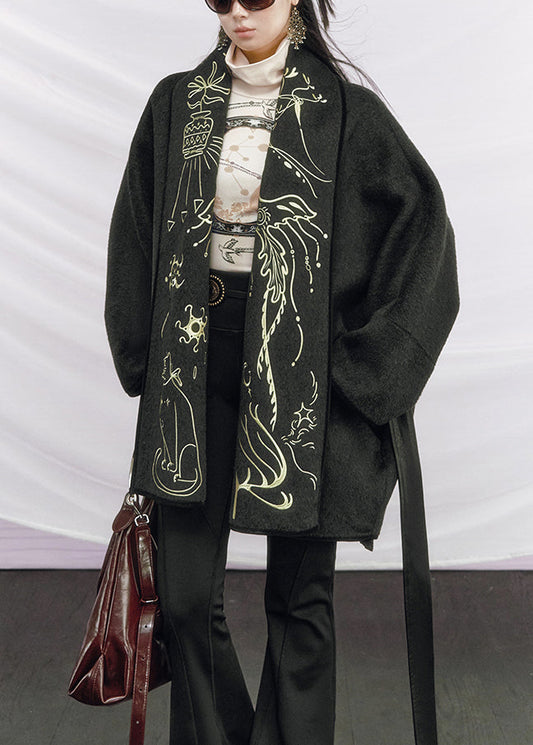 Dark Gray Tie Waist Pockets Woolen Coats Embroidered