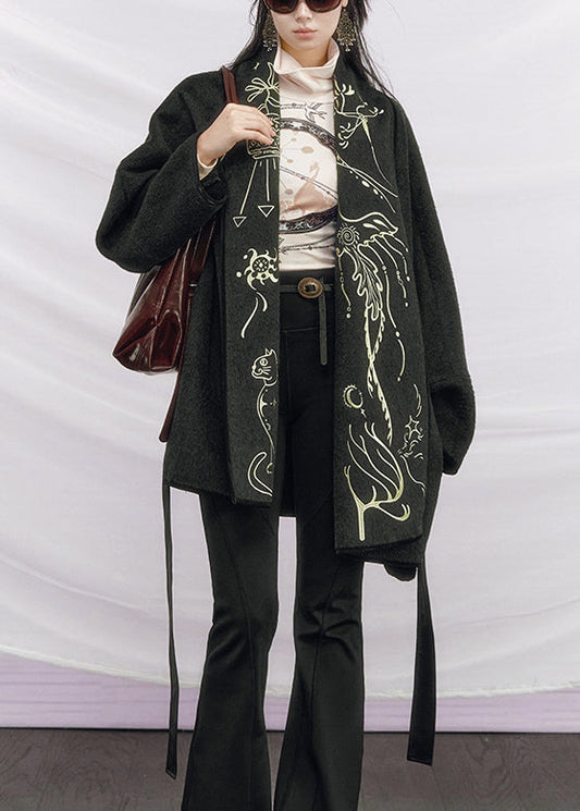 Dark Gray Tie Waist Pockets Woolen Coats Embroidered