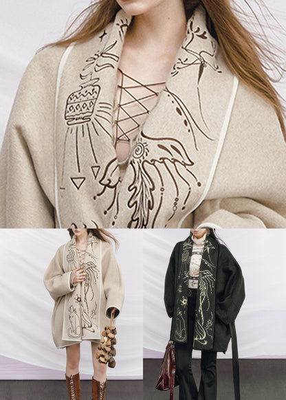 Abrigos de lana gris oscuro con bolsillos y lazo en la cintura bordados