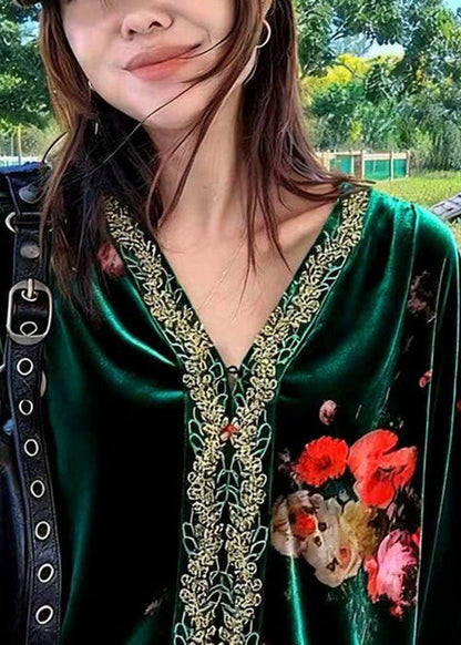 Blusas de terciopelo de seda con patchwork bordado verde oscuro y cuello en V para primavera