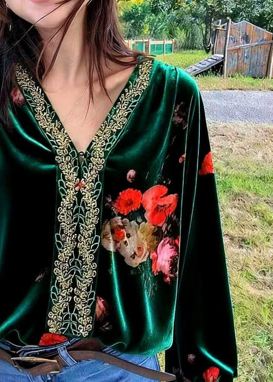 Blusas de terciopelo de seda con patchwork bordado verde oscuro y cuello en V para primavera