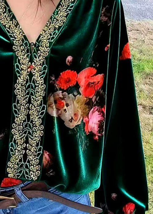 Blusas de terciopelo de seda con patchwork bordado verde oscuro y cuello en V para primavera