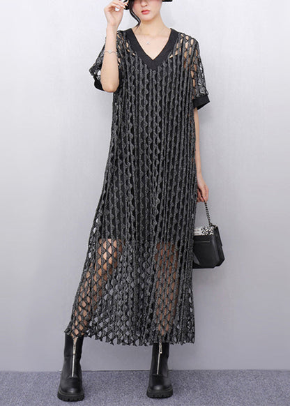 Dark Grey Hollow Out Long Dresses Short Sleeve
