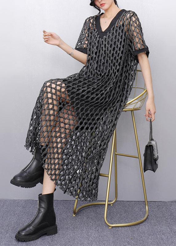 Dark Grey Hollow Out Long Dresses Short Sleeve
