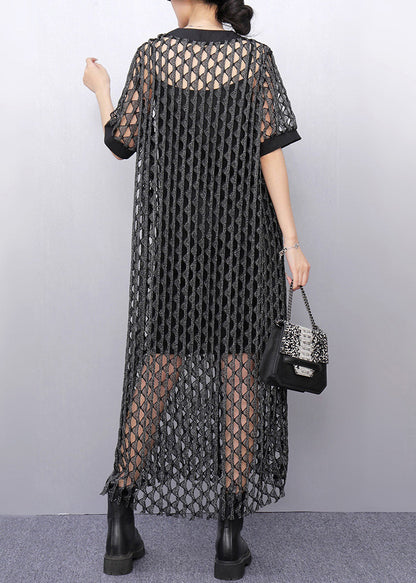 Dark Grey Hollow Out Long Dresses Short Sleeve