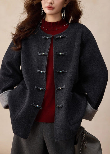 Dark Grey O-Neck Button Solid Woolen Coats Spring