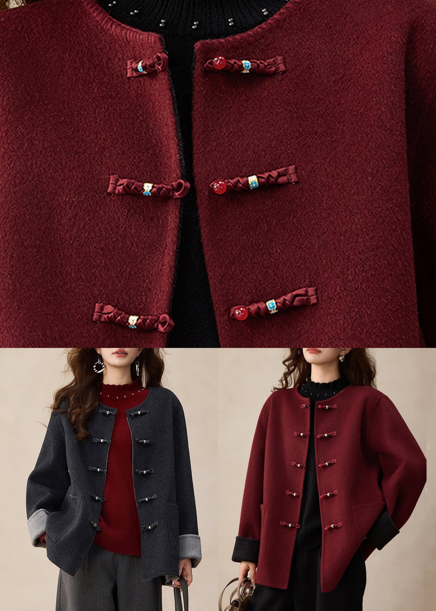 Dark Grey O-Neck Button Solid Woolen Coats Spring