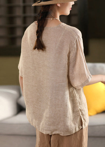 Dark Grey Print Linen Summer Pullover T Shirt O Neck