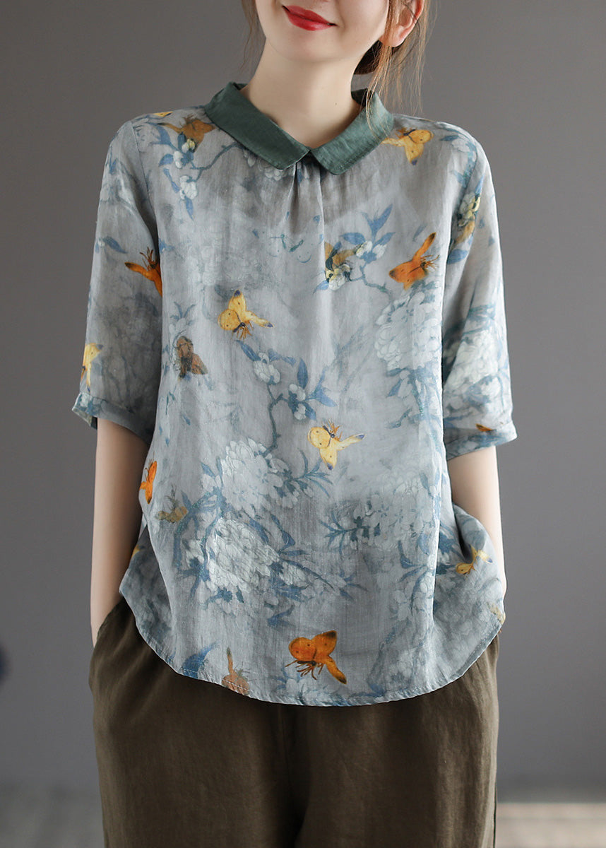 Dunkelgraues bedrucktes Leinenoberteil mit kurzen Ärmeln