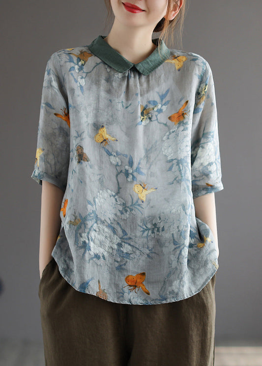 Dunkelgraues bedrucktes Leinenoberteil mit kurzen Ärmeln