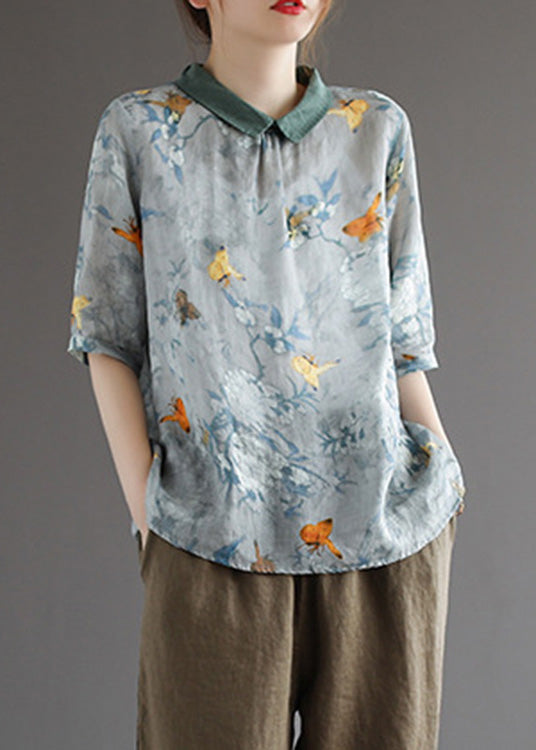 Dunkelgraues bedrucktes Leinenoberteil mit kurzen Ärmeln