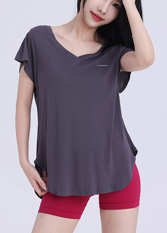 Dark Grey V Neck Solid Yoga Wrap Top