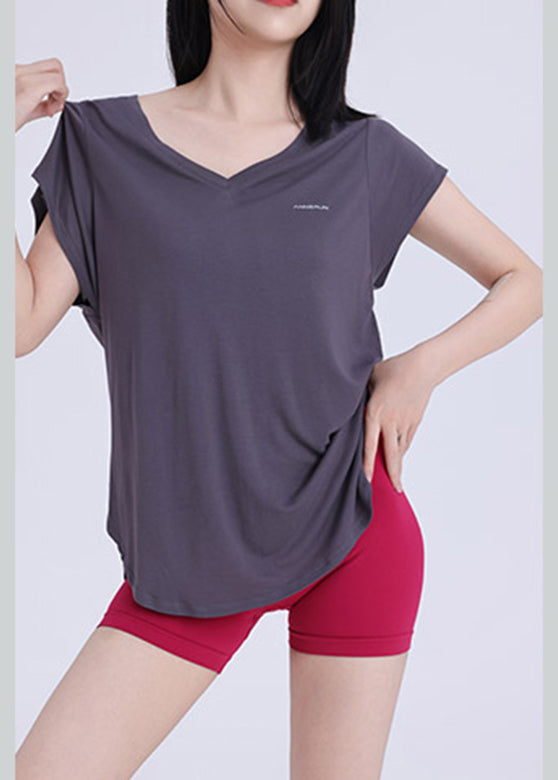 Dark Grey V Neck Solid Yoga Wrap Top