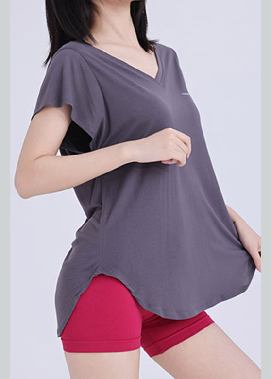 Dark Grey V Neck Solid Yoga Wrap Top