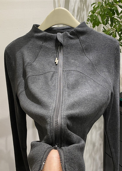 Dark Grey Velour Jackets Zip Up Stand Collar Winter