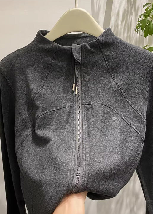 Dark Grey Velour Jackets Zip Up Stand Collar Winter