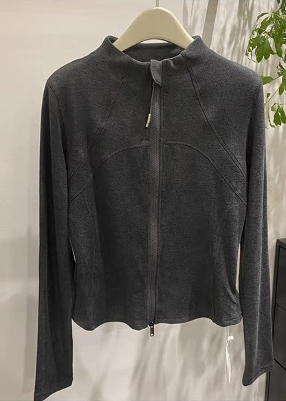 Dark Grey Velour Jackets Zip Up Stand Collar Winter