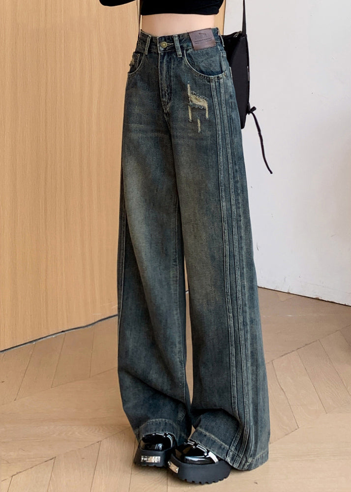 Denim Black Warm Fleece Straight Pants Ripped Jeans Winter