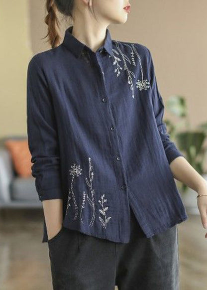 Denim Blue Fall Cotton Button Shirts Embroidered
