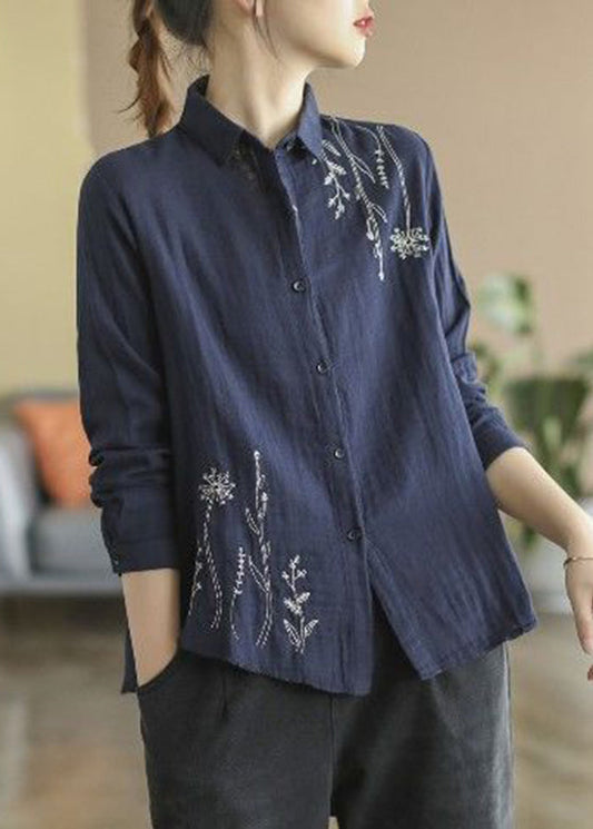 Denim Blue Fall Cotton Button Shirts Embroidered
