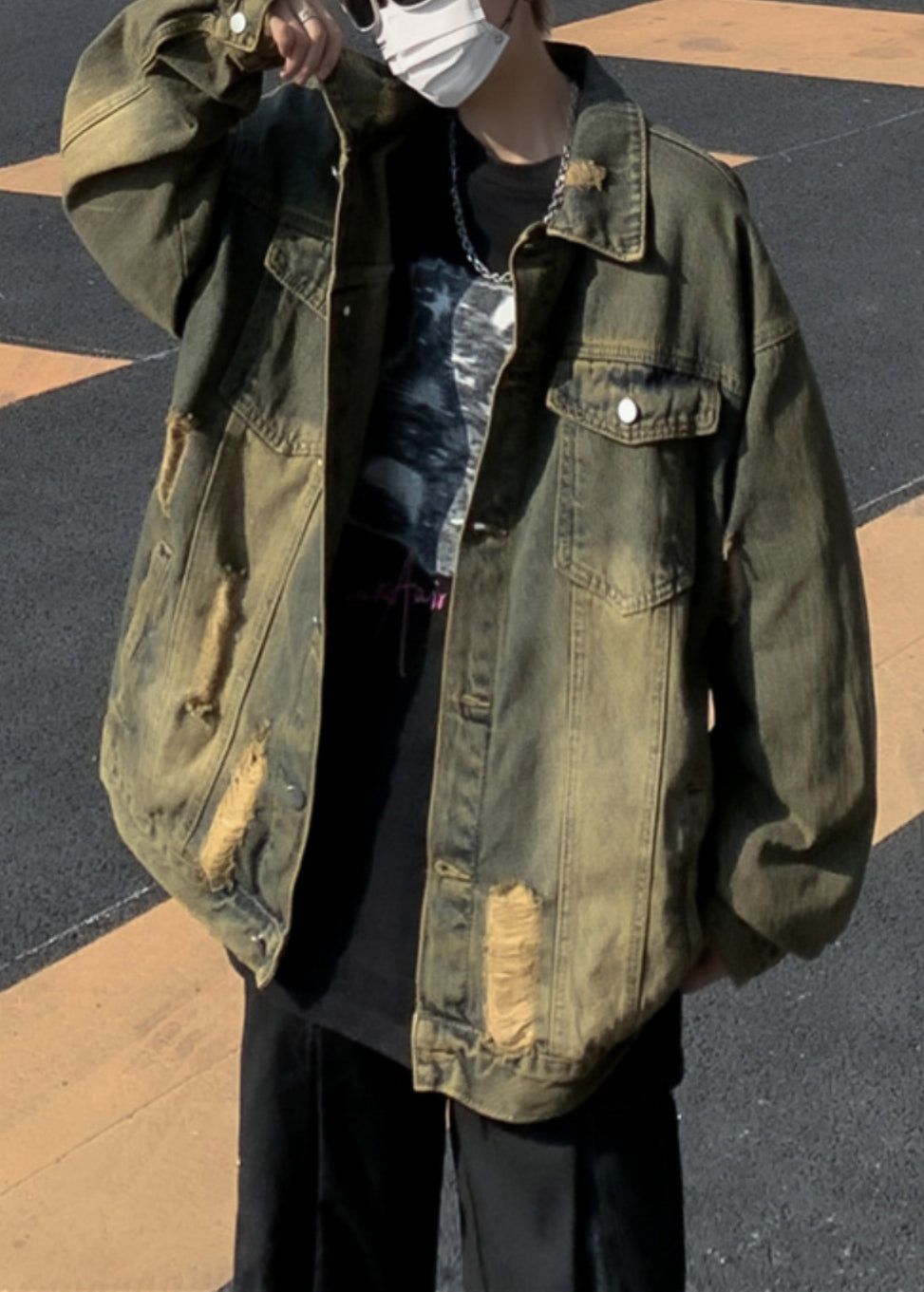 Denim Blue Hole Patchwork Men Men Coat Peter Pan Collar