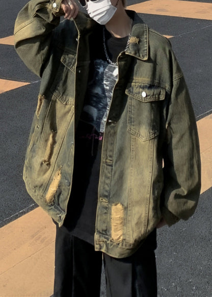 Denim Blue Hole Patchwork Men Men Coat Peter Pan Collar