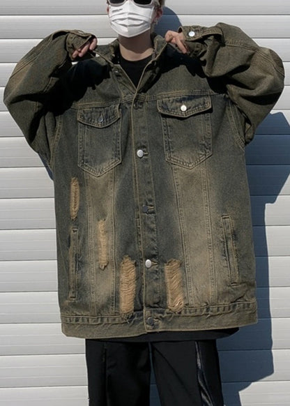 Denim Blue Hole Patchwork Men Men Coat Peter Pan Collar