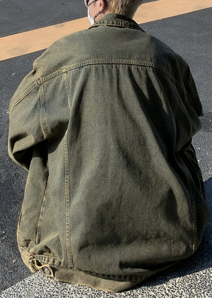 Denim Blue Hole Patchwork Men Men Coat Peter Pan Collar