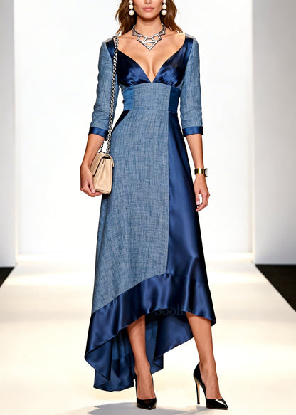 Denim Blue Patchwork Cotton Party Dress V Neck Low High Design Summer
