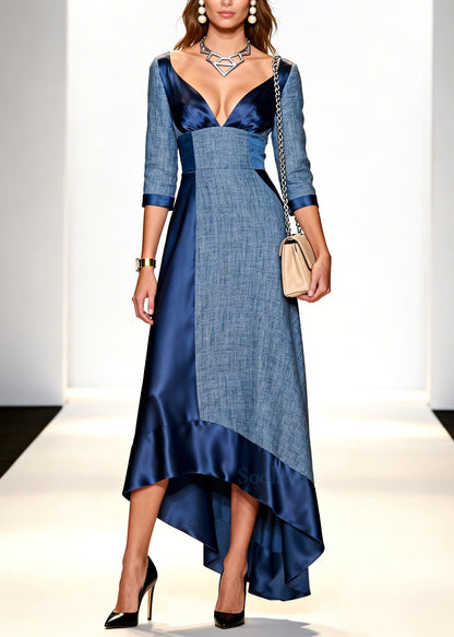 Denim Blue Patchwork Cotton Party Dress V Neck Low High Design Summer