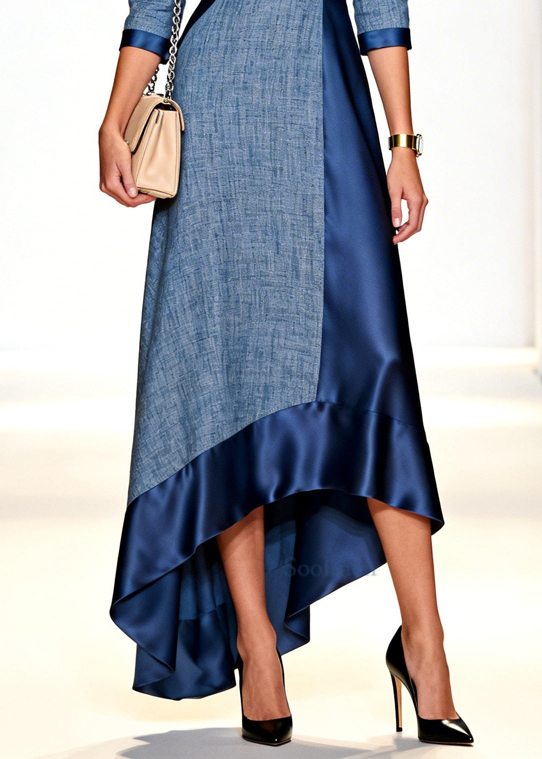 Denim Blue Patchwork Cotton Party Dress V Neck Low High Design Summer