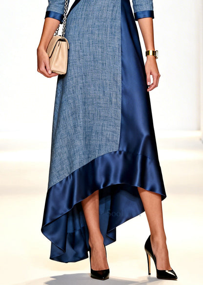 Denim Blue Patchwork Cotton Party Dress V Neck Low High Design Summer